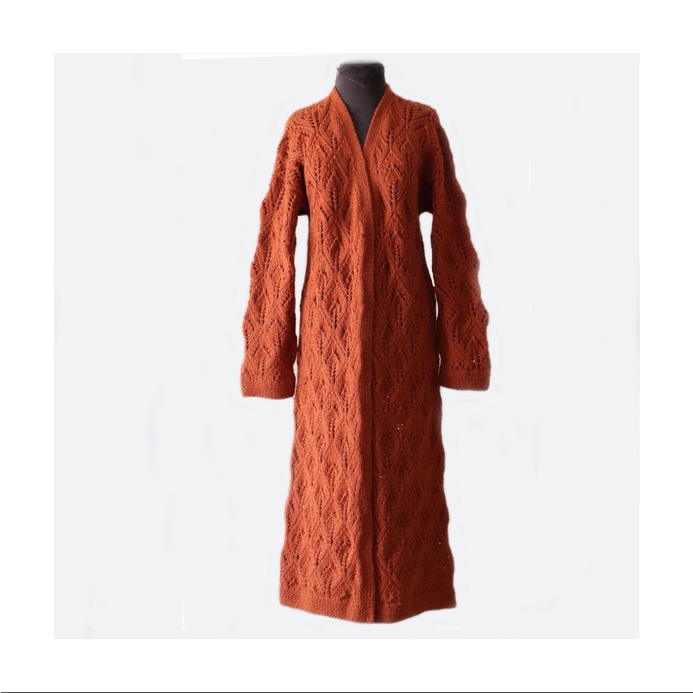 Long Hand Crocheted Cardigan 47 inch / 120cm Andean Highland Wool in Rust Orange